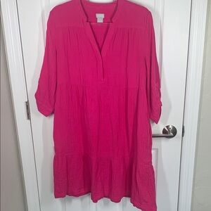 Chicos hot pink gauzy cotton tiered skirt dress size medium